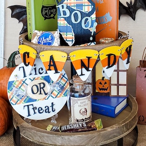 Halloween Tiered Tray Decor Set: Ghost House, Candy Corn Garland