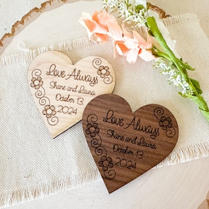 Personalized Heart Magnet Wedding Favors: Engraved Maple or Walnut