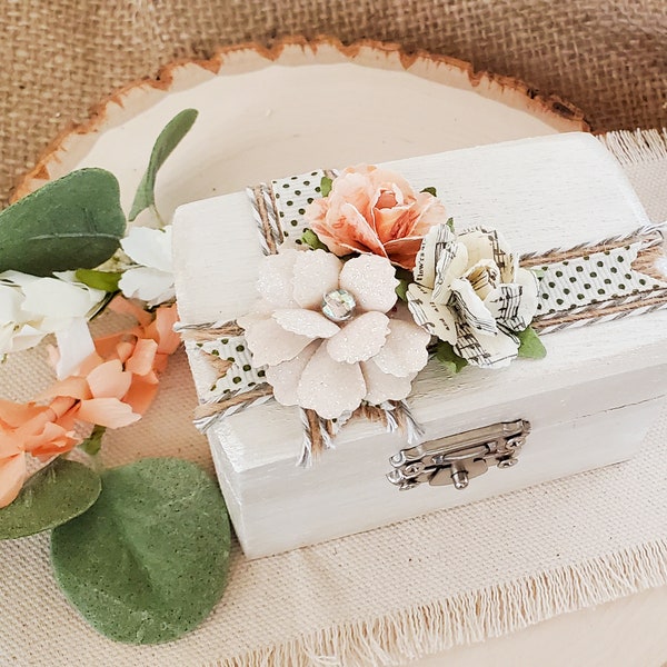 Ivory Floral Wedding Ring Box, Ivory Ring Bearer Box, Ivory and Peach Ring Box