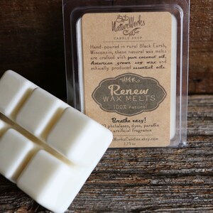May include: A package of white wax melts labeled "Renew Wax Melts 100% natural" with the text "Breathe easy! No phthalates, dyes, paraffin or artificial fragrance" and the website "WorkaCandles.etsy.com".