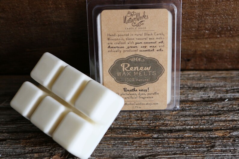 May include: A package of white wax melts labeled "Renew Wax Melts 100% natural" with the text "Breathe easy! No phthalates, dyes, paraffin or artificial fragrance" and the website "WorkaCandles.etsy.com".