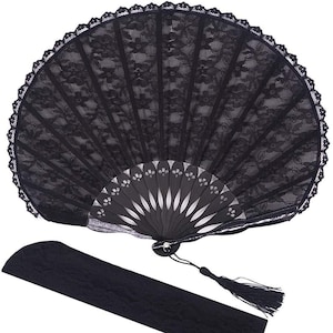Vintage Black Lace Hand Fan, Bamboo Ribs Folding Fans With a Tassel and a lace pouch