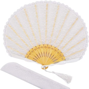Vintage White  Lace Hand Fan, Bamboo Ribs Folding Fans With a Tassel & a pouch