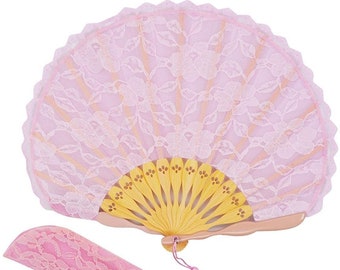 Vintage Pink Lace Hand Fan, Bamboo Ribs Folding Fans With a Tassel and a lace pouch