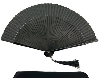 Black Fabric Bamboo Ribs Hand Held Chinese Fan with a Pouch Handheld Wedding Party Favour