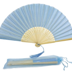 Baby blue colour  Fabric Fan with a Tassel Grade A Bamboo Ribs Wedding Party Favour Handheld Fan