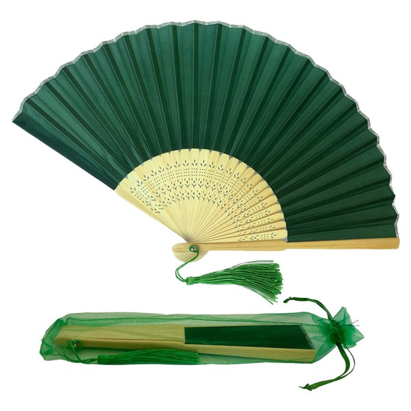 Emerald Green colour , Dark fur green , forest green  Fabric Fan with a Tassel Grade A Bamboo Ribs Wedding Party Favour Handheld Fan