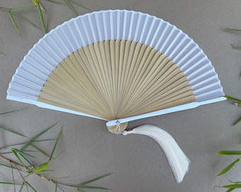 White Silk Fabric Hand Fan | Bamboo Folding Wedding Fan with Ivory Tassel