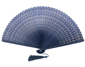 HIGH QUALITY Dragonfly wooden patterns engraved Hand Fan with a Pouch ( Navy Blue)