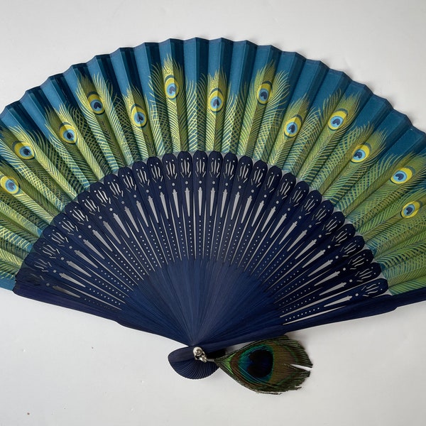 Beautiful Peacock pattern Fabric Bamboo Ribs Hand Held Fan with a Peacock feather tassel and a pouch (Blue background)