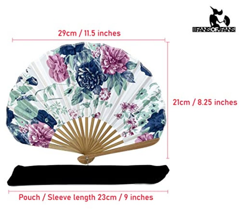 May include: A white folding fan with a floral design in shades of pink, blue, and green. The fan is 29 inches long and 8.25 inches wide. It comes with a black pouch that is 9 inches long.