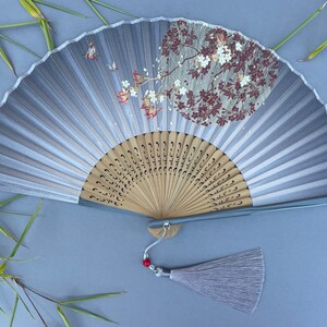 Grey Floral Folding Hand Fan with Pouch & Gift Box