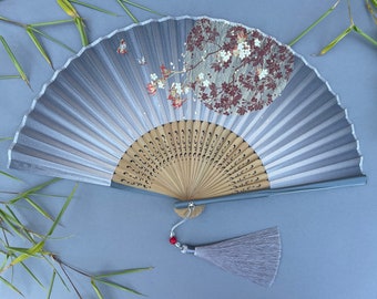 Grey Shaded Handheld Folding Hand Fan with a Pouch and a Box Women Girls Durable Quality Folding Fabric Fan HQ Range with Flowers Artwork