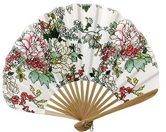 Hand Held Fan, Ascot Style Hand Held White Floral Design Decorative Fans AS08 (Include a black pouch)