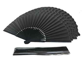 Black Fabric / Synthetic  Bamboo Ribs Hand Held Chinese Fan with a Pouch Handheld Wedding Party Favour Teachers Gift with a black pouch