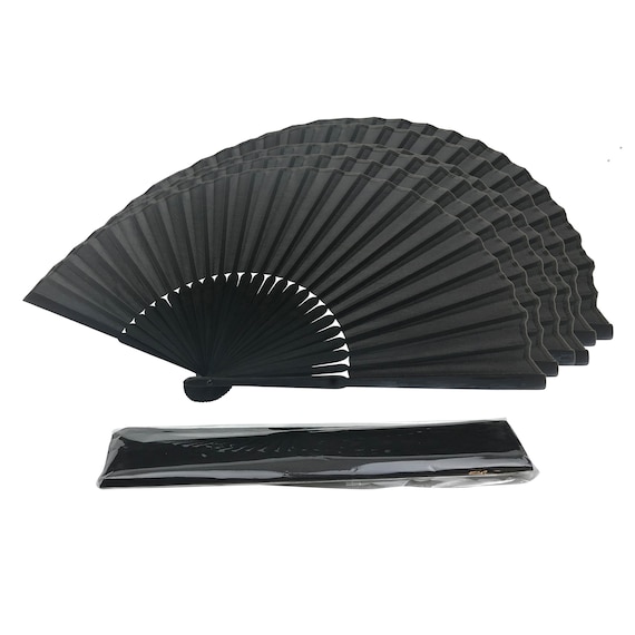 Chinese Japanese Folding Two Section Hand Flower Bamboo Pocket Fan Black White 