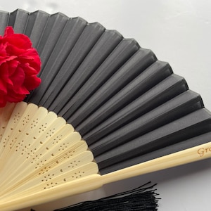 Engraved Black Fabric Fan: Bamboo Ribs, Tassel, Wedding Favor