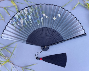 Dark Grey Handheld Folding Hand Fan with a Pouch and a Box Women Girls Durable Quality Folding Fabric Fan HQ Range with Flowers Artwork