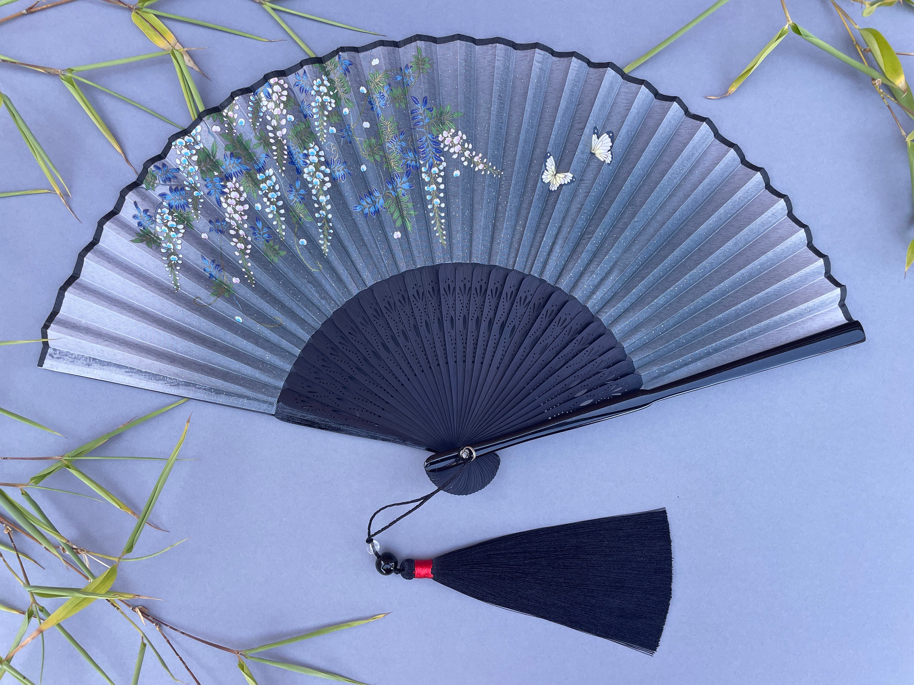 Dark Grey Folding Hand Fan: Floral Artwork, Gift Box Option