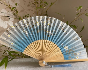 Blue shades Silk Fabric Bamboo Ribs Hand Held Fan with a Pouch , Beautiful Flower print