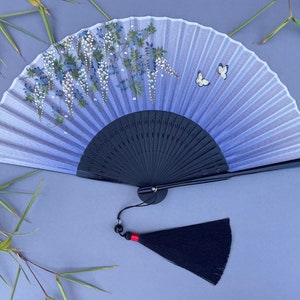 Navy Blue Handheld Folding Hand Fan with a Pouch and a Box Women Girls Durable Quality Folding Fabric Fan HQ Range with Flowers Artwork