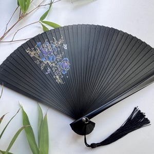 Black Bamboo Hand Fan: Rose Print, Wedding Favor