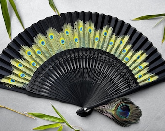 Peacock Feather Silk Fabric Hand Fan | Black Bamboo Folding Wedding Accessory with Feather Tassel
