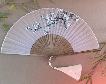 Floral Beige Folding Hand Fan with Pouch & Gift Box