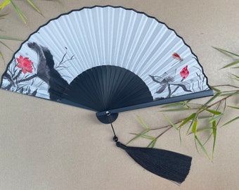 White Handheld Folding Hand Fan with a Pouch and a Box Women Girls Durable Quality Folding Fabric Fan HQ Range with Lotus Flower Artwork