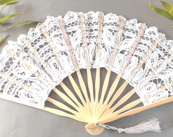 White Battenberg Lace Hand Fan | Bridal Wedding Accessory, Party Favor, Dance Prop