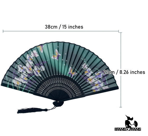 Buy Green Silk Fabric Bamboo black Ribs Hand Held Chinese Fan With