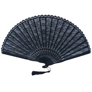 Vintage Black Lace Hand Fan, Bamboo Ribs Folding Fans With a Tassel & a pouch