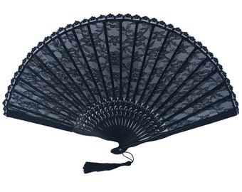 Vintage Black Lace Hand Fan, Bamboo Ribs Folding Fans With a Tassel & a pouch