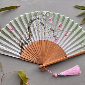 Silk Bamboo Hand Fan: Butterfly & Sakura Design with Pouch