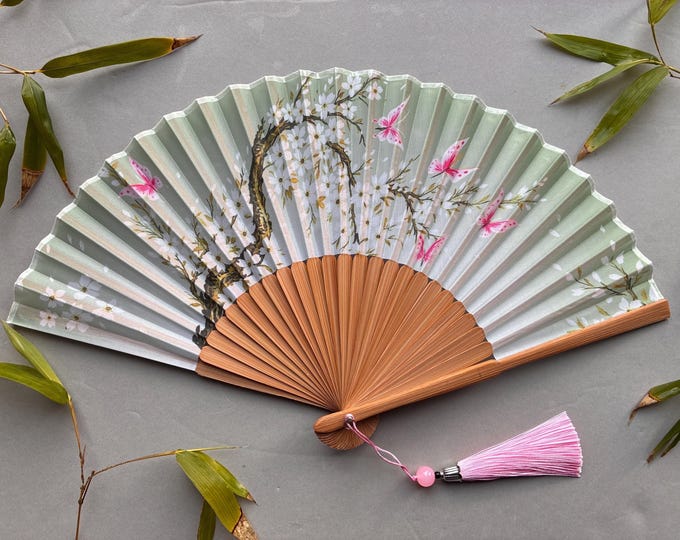 Light Green Silk fabric Hand Fan | Butterflies Sakura Design with Pouch