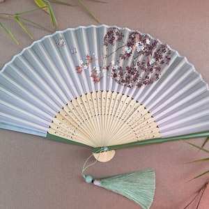 Green Handheld Folding Hand Fan with a Pouch and a Box Women Girls Durable Quality Folding Fabric Fan HQ Range with Flowers Artwork