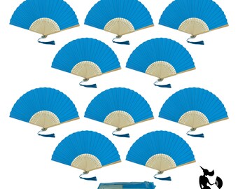 Pack of 10 Sky Blue Paper Handheld Folding Fan with a Tassel Grade A Bamboo Ribs Wedding Party Favour Handheld Fan