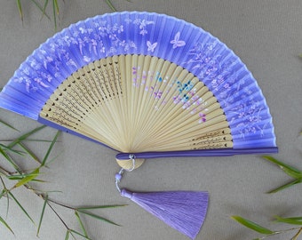Purple Fabric Border Handheld Folding Hand Fan with a Pouch and a Box Women Girls Durable Quality Hand Fan HQ Range with Flower Artwork