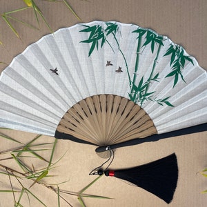 White Handheld Folding Hand Fan with a Pouch and Box Women Girls Durable Quality Folding Fabric Fan HQ Range with Bamboo Trees Artwork image 1