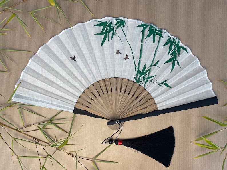 White Handheld Folding Hand Fan with a Pouch and Box Women Girls Durable Quality Folding Fabric Fan HQ Range with Bamboo Trees Artwork image 1
