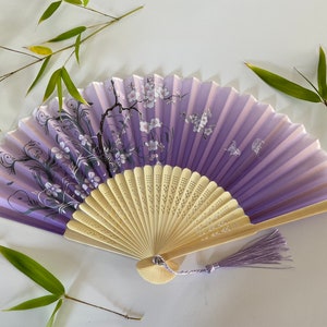 Purple Silk Fabric Bamboo Ribs Hand Held Fan with a Pouch , Beautiful Butterfly & Flower print