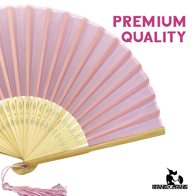 Pack of 10 Soft Pink Handheld Fabric Folding Fan with a Tassel Grade A Bamboo Ribs Wedding Party Favour Handheld Fan image 8