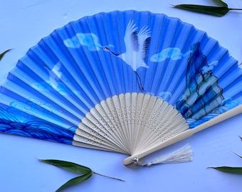 Japanese Crane Silk Hand Fan Bamboo Folding Fan with Pouch