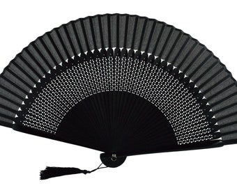 Beautiful Black Silk Fabric carved Bamboo Ribs Hand Held Fan with a Pouch