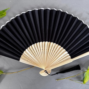 Black  colour  Fabric Fan with a Tassel Grade A Bamboo Ribs Wedding Party Favour Handheld Fan
