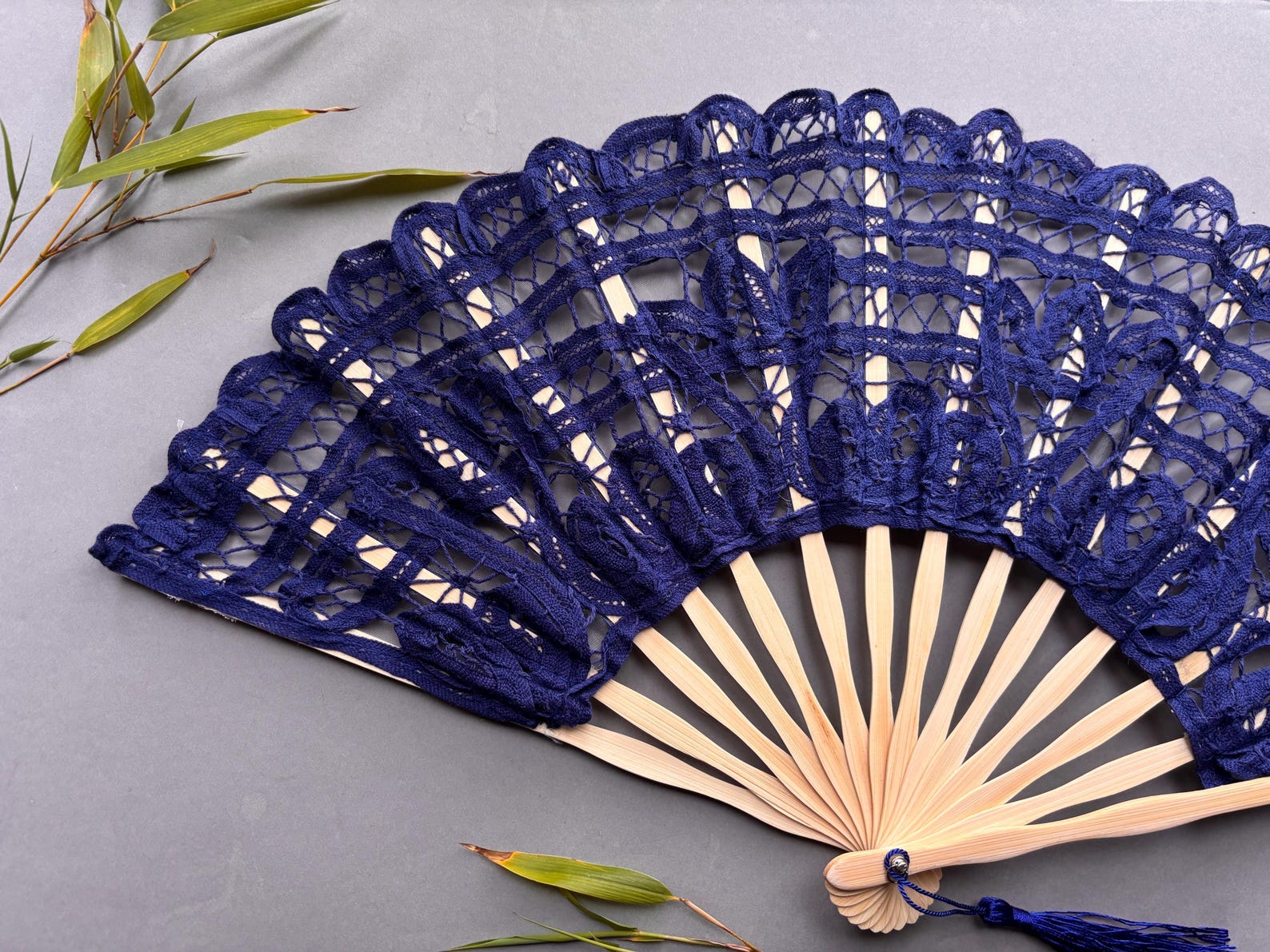 Navy Blue Battenberg Lace Hand Fan Brown , Bridal, Dance, Party Favors ...