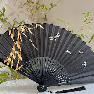 Bamboo & Dragonfly Hand Fan with Pouch