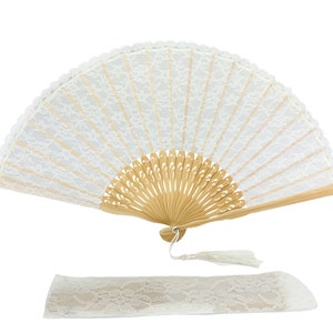 Vintage White Lace Hand Fan, Bamboo Ribs Folding Fans With a Tassel & a pouch - White