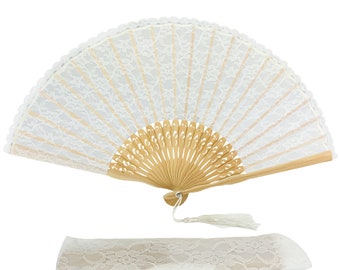 Vintage White Lace Hand Fan, Bamboo Ribs Folding Fans With a Tassel & a pouch - White