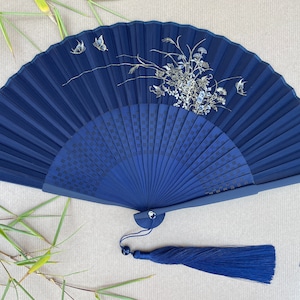 Blue Folding Hand Fan: Flowers and Butterflies, Gift Box & Pouch